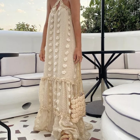 NWT BOHEMIAN BEACH VACATION RESORT LONG POM POM MAXI DRESS SIZE: SMALL-LARGE - Picture 2 of 16